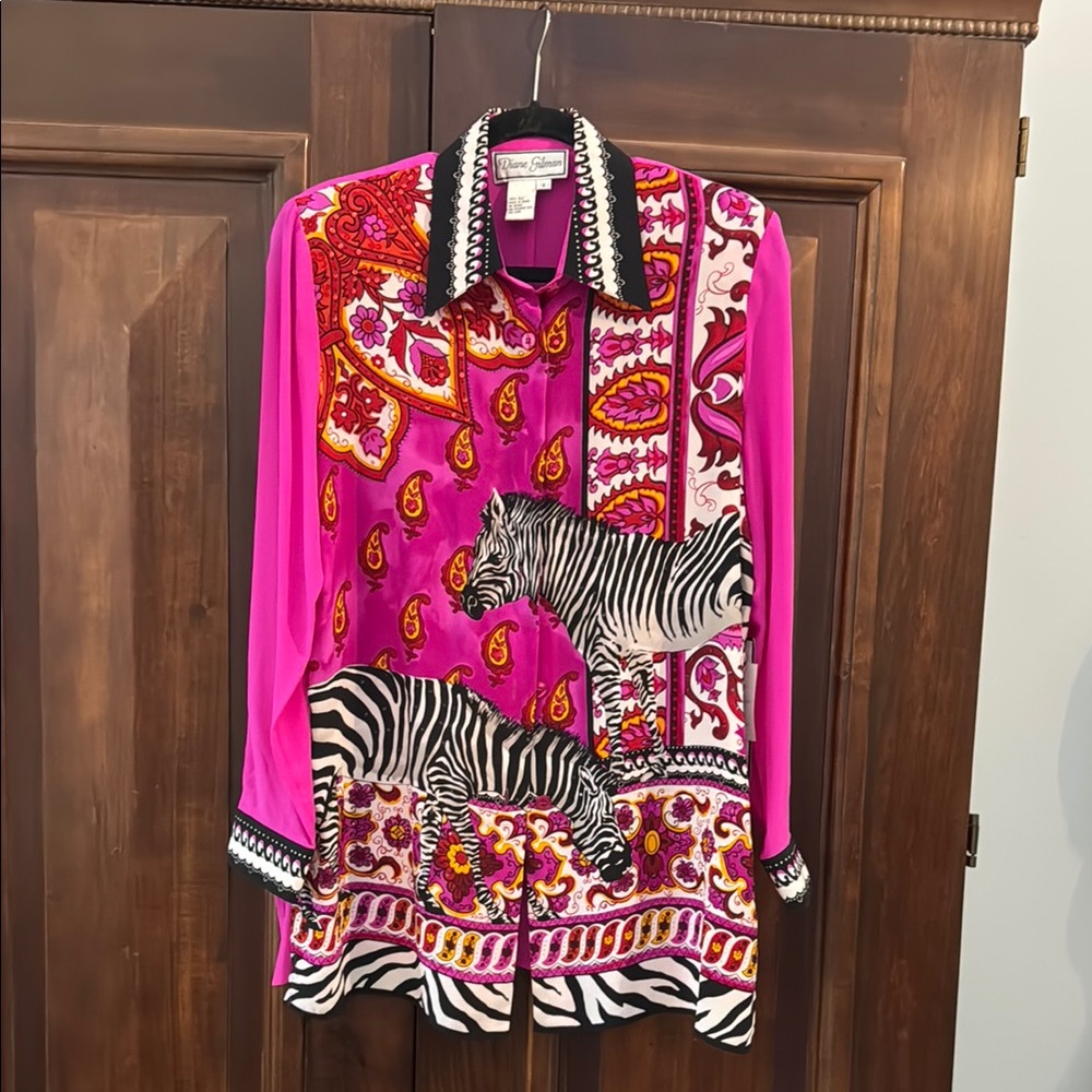 Diane Gilman Pink and Black Patterned Blouse 🌹NWT